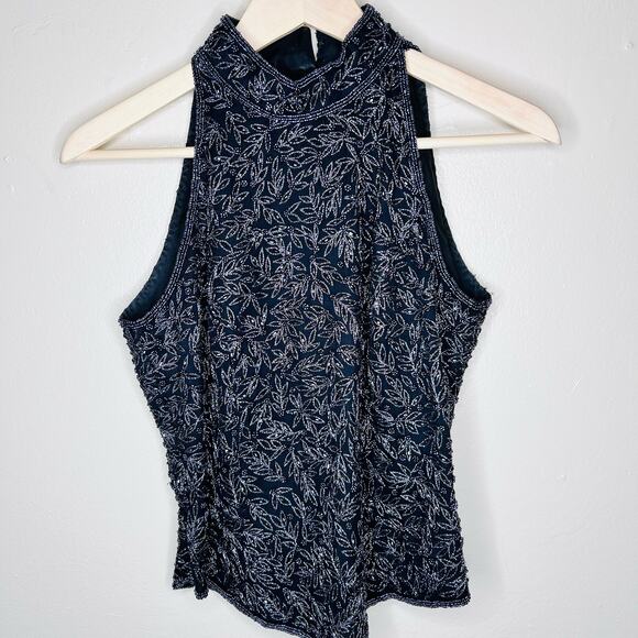 Papell Boutique Tops - VTG 90s Papell Boutique Evening Top SMALL 100% Silk Beaded Mock Neck Party Event